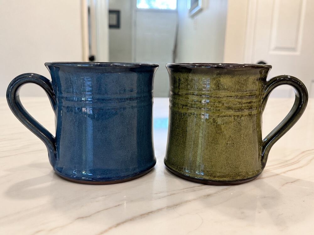 Vintage 1990 Jugtown Ware Pottery Mugs 8 Oz Blue Green Seagrove NC Set of 2